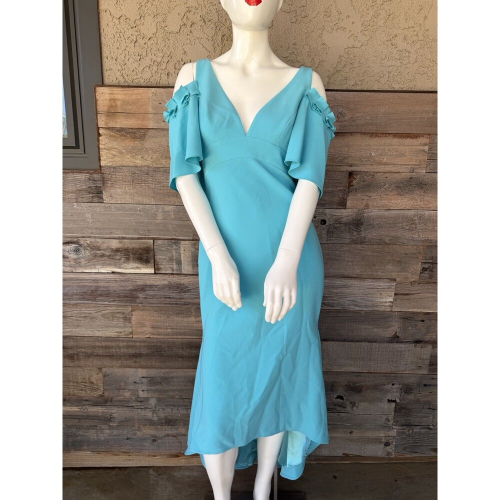 THEIA Cold Shoulder Mermaid Gown Size 6 Aqua Blue Formal Wedding Guest NWT